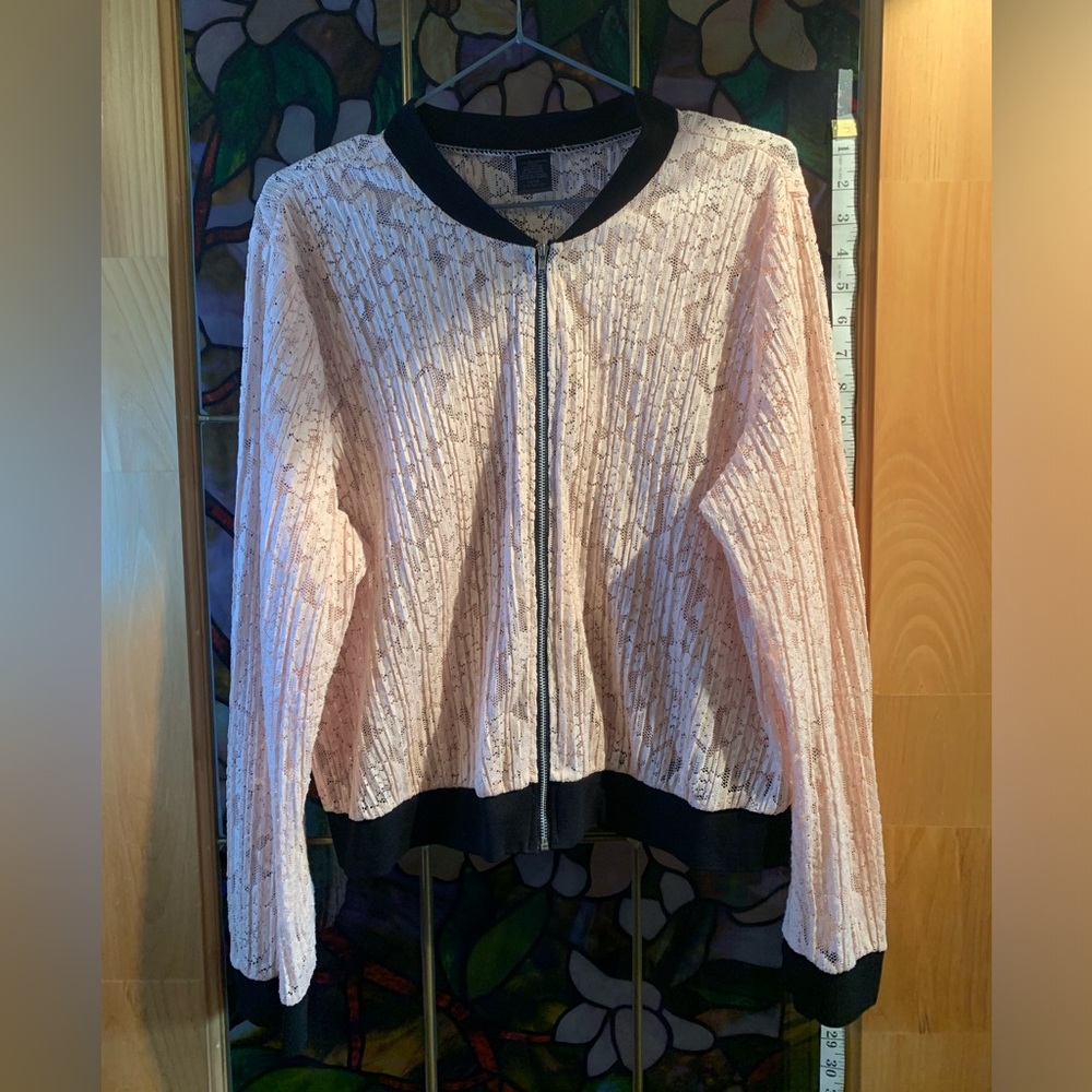 Large (14/16) women’s pink lace and black bomber jacket.